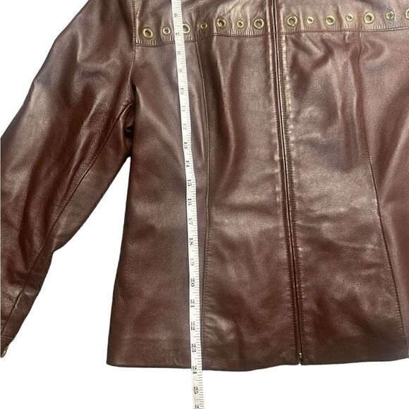 St John Sport Brown & Gold Grommet Detail Y2K 90’s Leather Jacket Size Medium - Picture 8 of 8